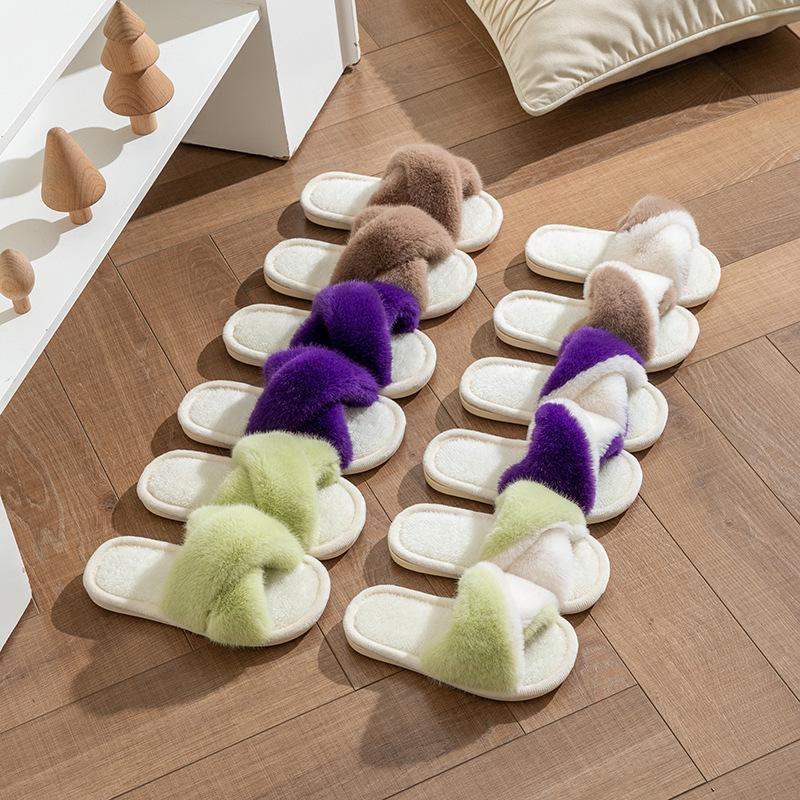Children's and Women's Winter Fur Cross-Strap Cotton Slippers, Warm, Non-Slip for Home Use