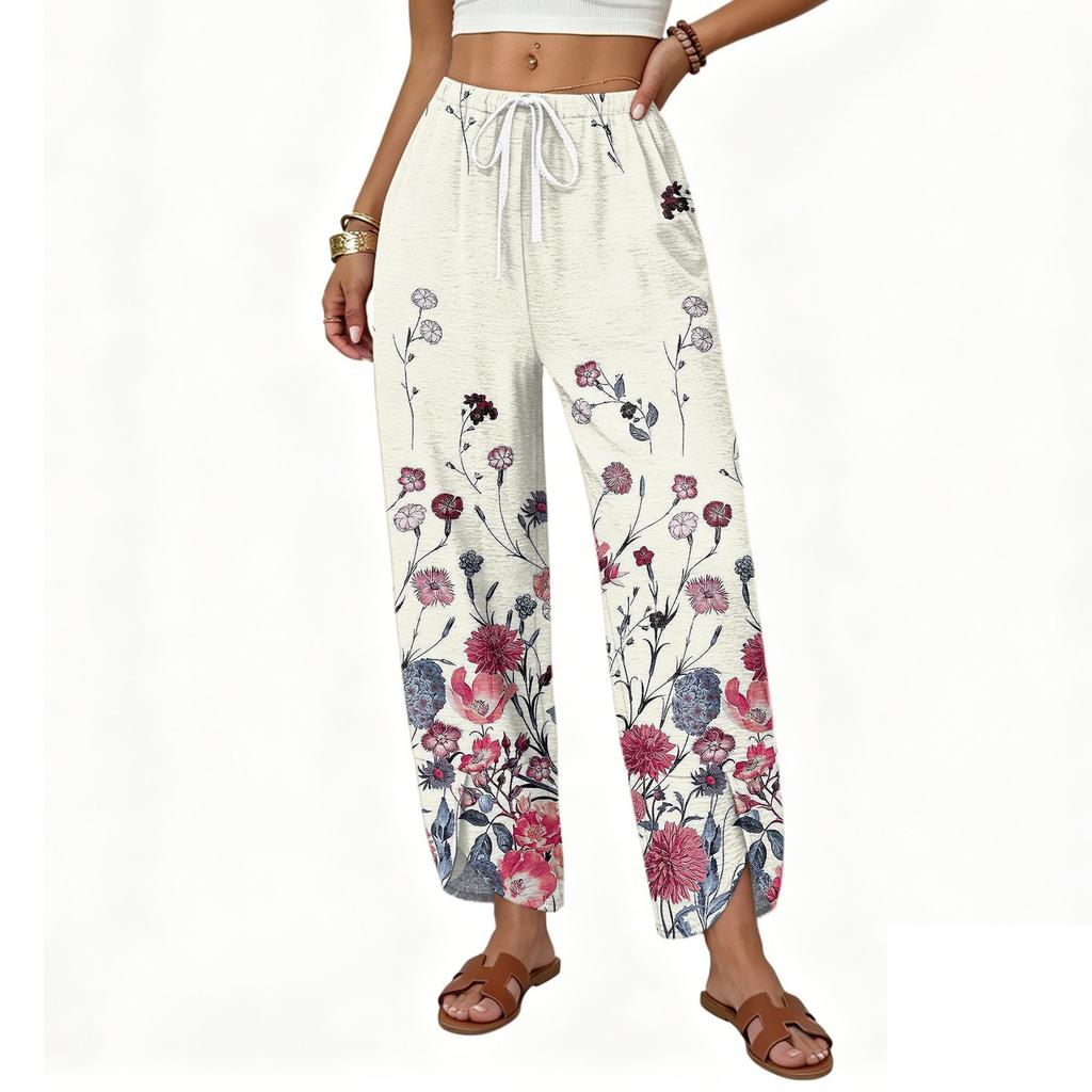 Women High Waist Drawstring Pants Loose Fit Straight Leg Split Hem Floral Print Trousers Casual Lightweight Bottoms