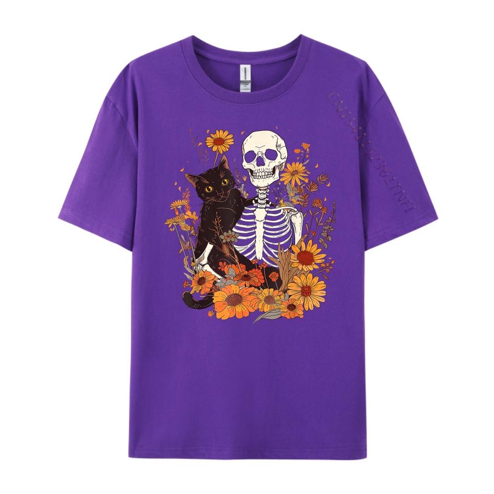 Cat Skeleton Flower Garden Halloween White Graphic Tee Breathable Original Mens TShirts Big And Tall Mothers Day