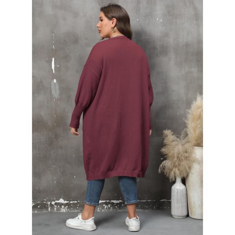 Damen Übergröße Locker Mittellang Laternenärmel V-Ausschnitt Doppeltasche Strick Cardigan Pullover