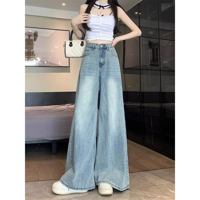 Autumn and Winter Thin Light Blue Wide-leg Jeans Women's Large Size High Waist Thin Drape Loose Straight Mopping Trousers