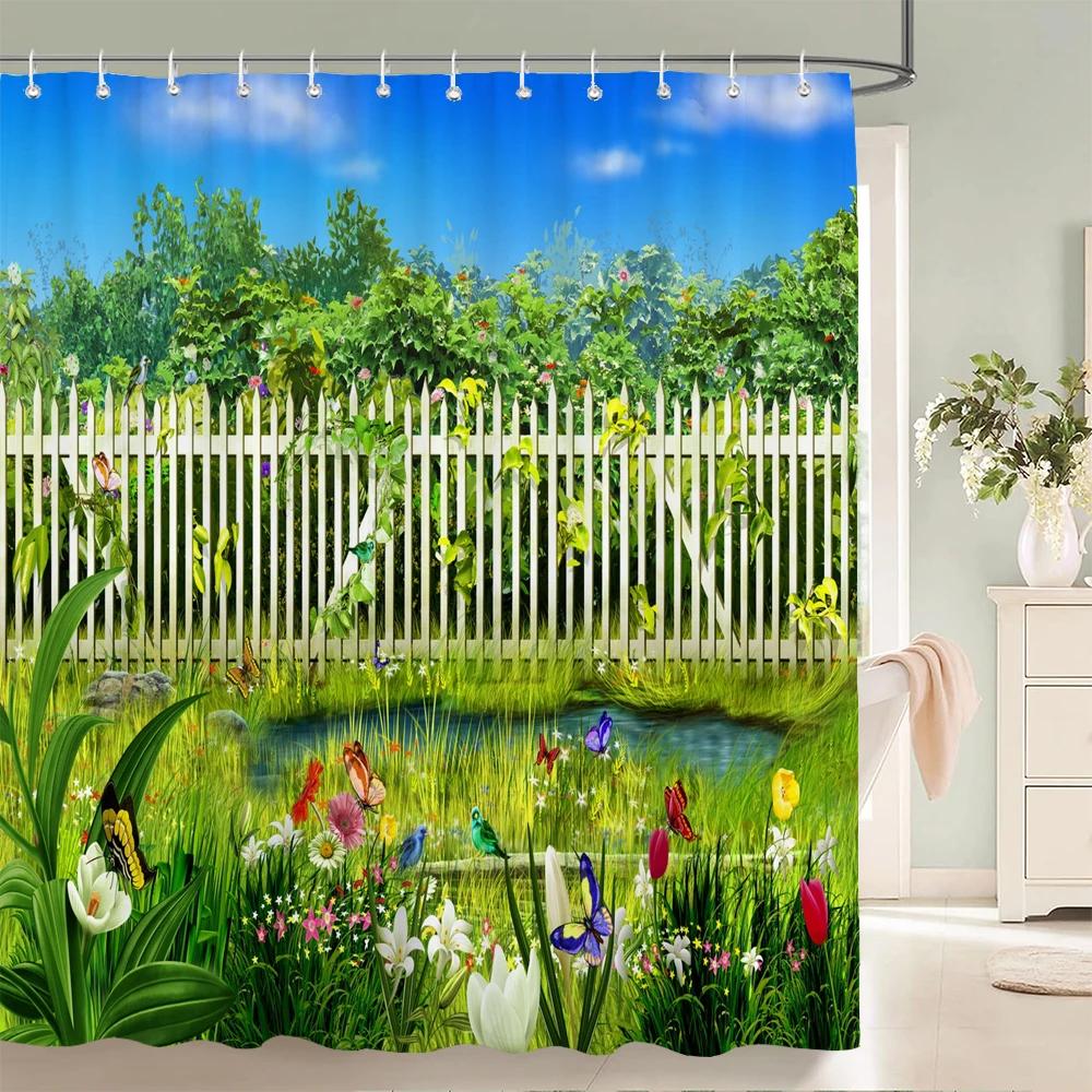 Flower Scenery In Rural Towns Printed Shower Curtain 3D Street Window Flower Landscape Printed Home Decoration Bathroom Curtain