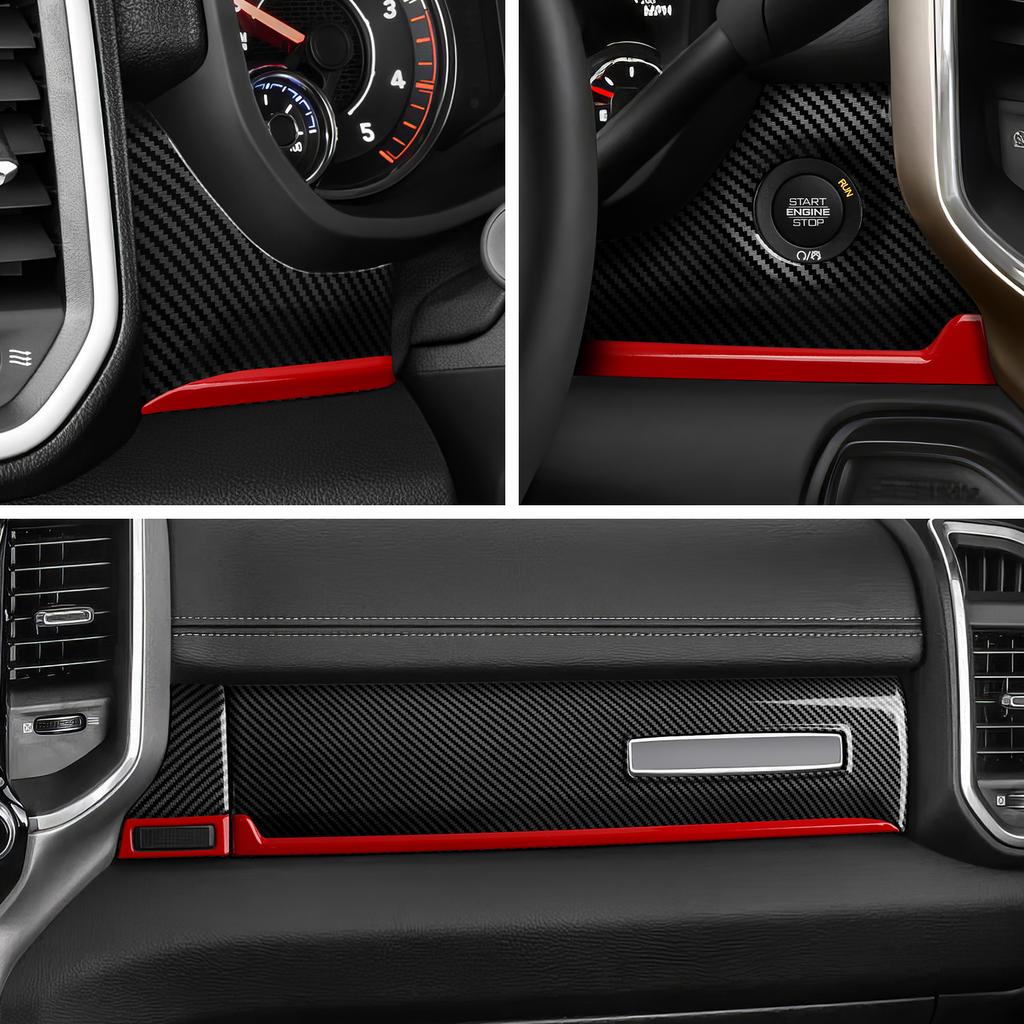 MOB2  For Dodge RAM 1500 2500 3500 2019-2026 Car Center Console Dashboard Panel Cover Carbon Fiber Red Line Interior Sticker ABS Trim