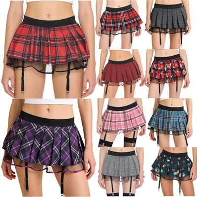Women‘s Schoolgirl Cosplay Miniskirt S-XXL: Pleated Plaid Layer with Tulle Lining, Attached Garters Elastic Waistband Skirt for Single Party Clubwear