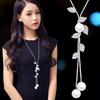 Ladies Fashion Faux Pearl Tassel Leaves Pendant Long Chain Sweater Necklace