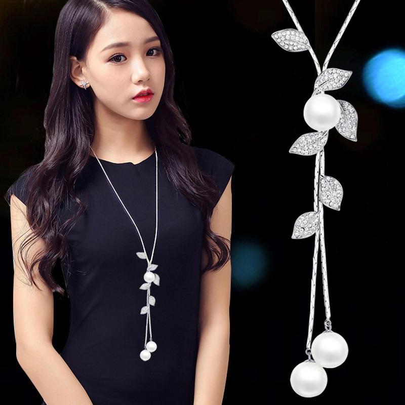 Ladies Fashion Faux Pearl Tassel Leaves Pendant Long Chain Sweater Necklace