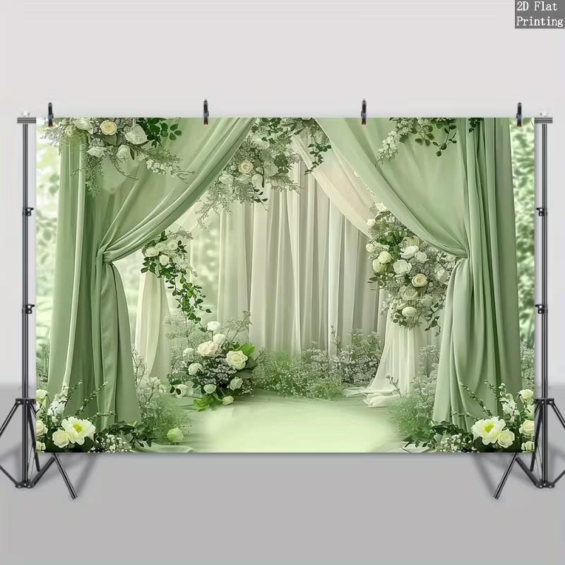 2D Flat Green Drape & White Rose Backdrop, Elegant Background for Engagement & Outdoor Wedding