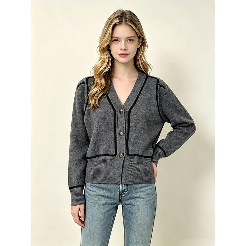 Womens Contrast Trim V-Neck Knit Cardigan Sweater Loose Short Fit Casual Winter Layering Top