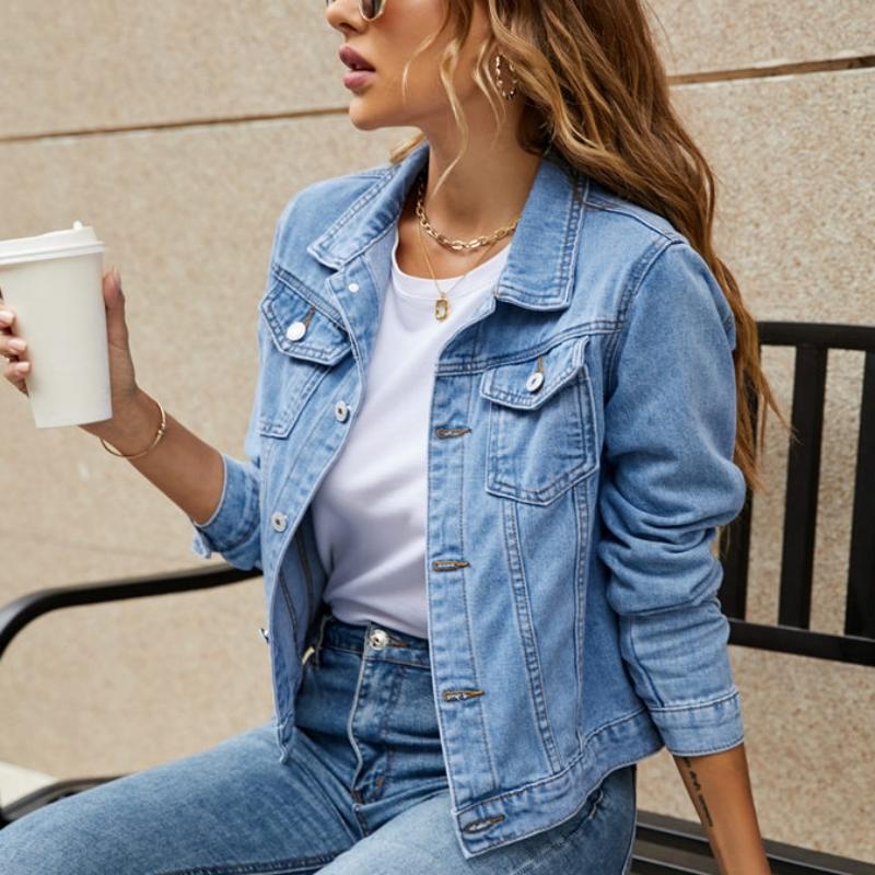 Dámský módní trend Klopa Kapsa Jednořadé Krátká džínová bunda Bunda
