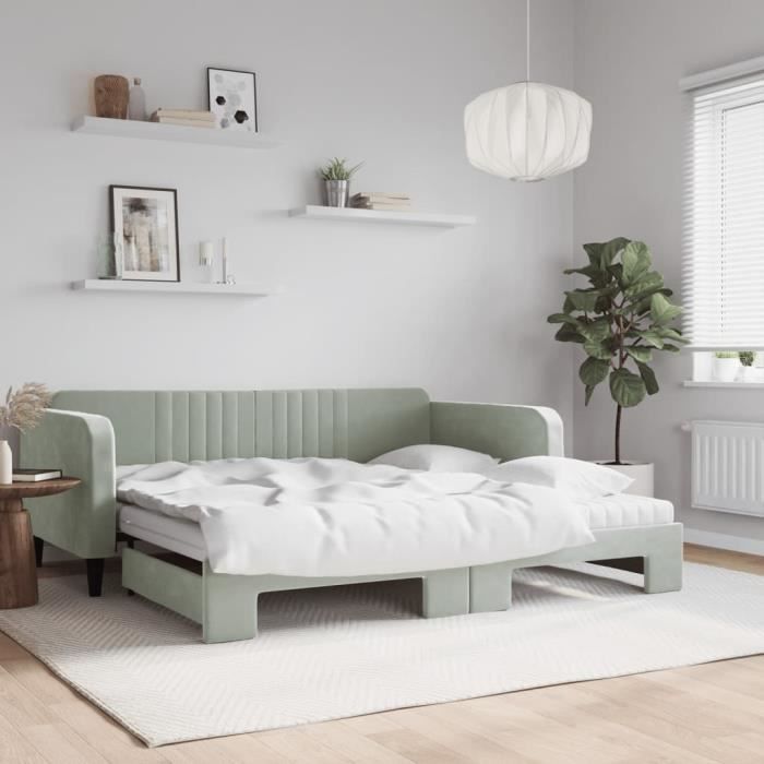 VidaXL Daybed and Trundle Bed and Mattress Light Grey 100x200 Cm Velvet 3197094