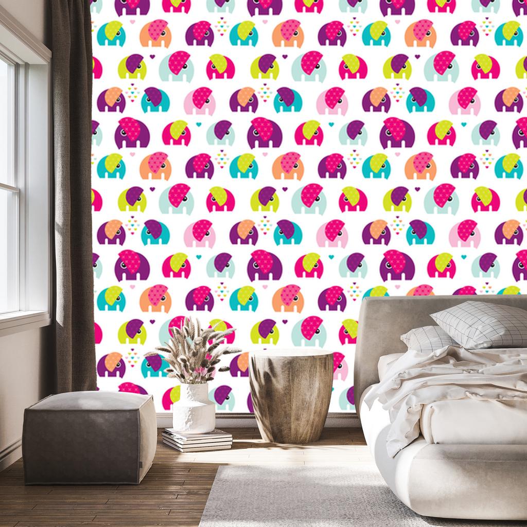 Colorful Elephants and Hearts Wallpaper for Living Room and Bedroom 50x1000