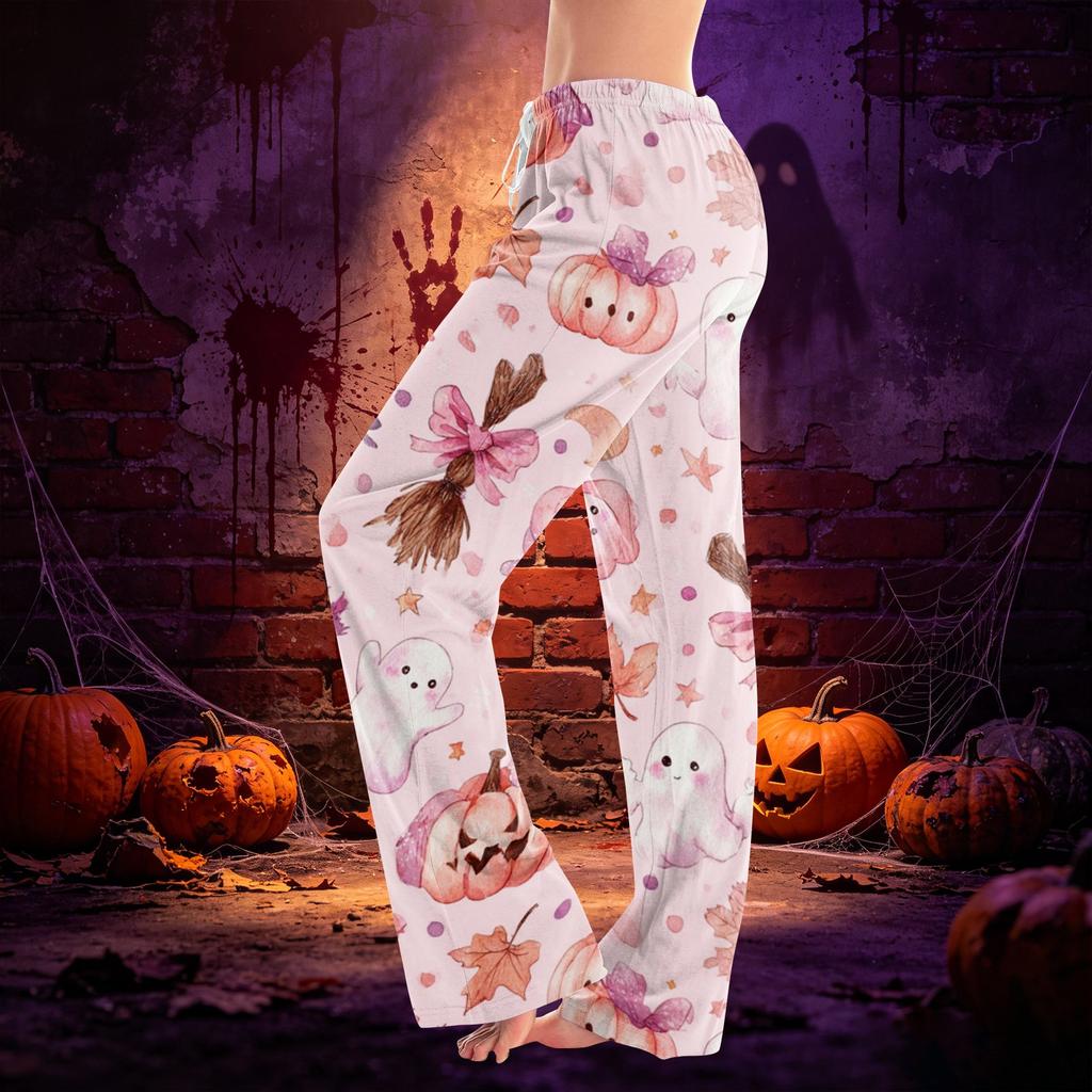 Women Drawstring Waist Halloween Print Long Pants Casual Loose Fit Trousers for Daily Home Lounge Wear