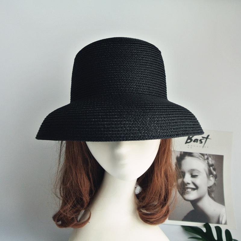 French Retro Elegant Hepburn Black Straw Hat Women'S Summer Sunshade Sun Protection Versatile Top Hat Bell Fisherman Basin Hat