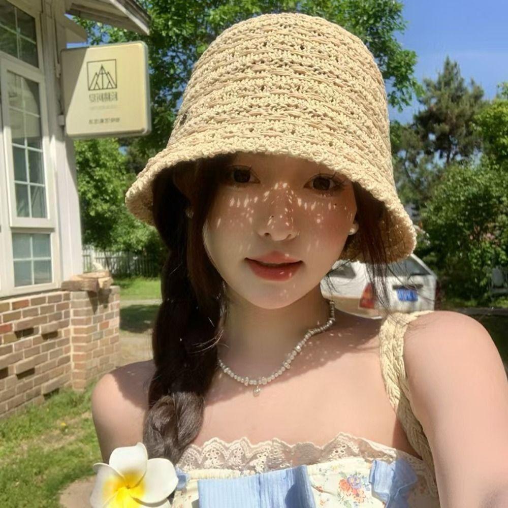 Summer Straw Bucket Hat Hollow Beach Visor Cap Fashion Straw Sun Hat  Travel