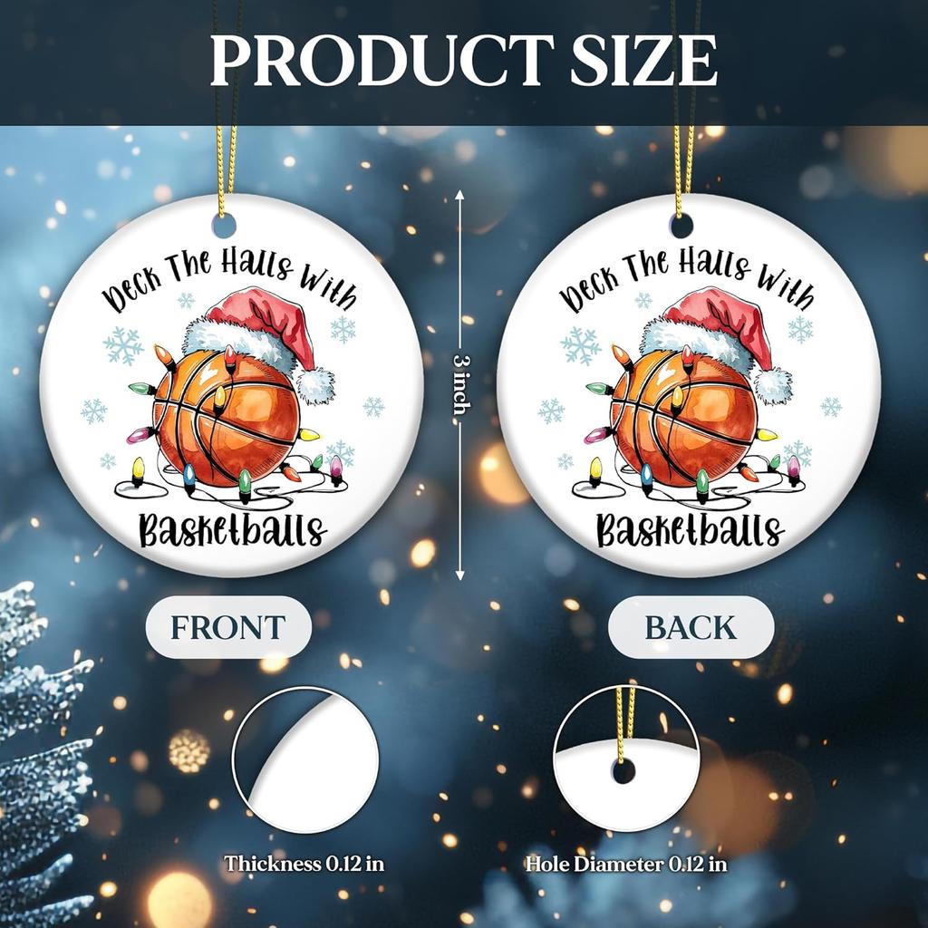 Basketball Ornament 2025, Deck The Halls with Basketballs Ornament – Santa Hat and Lights, White Elephant Gift for Players, Coaches, and Fans,