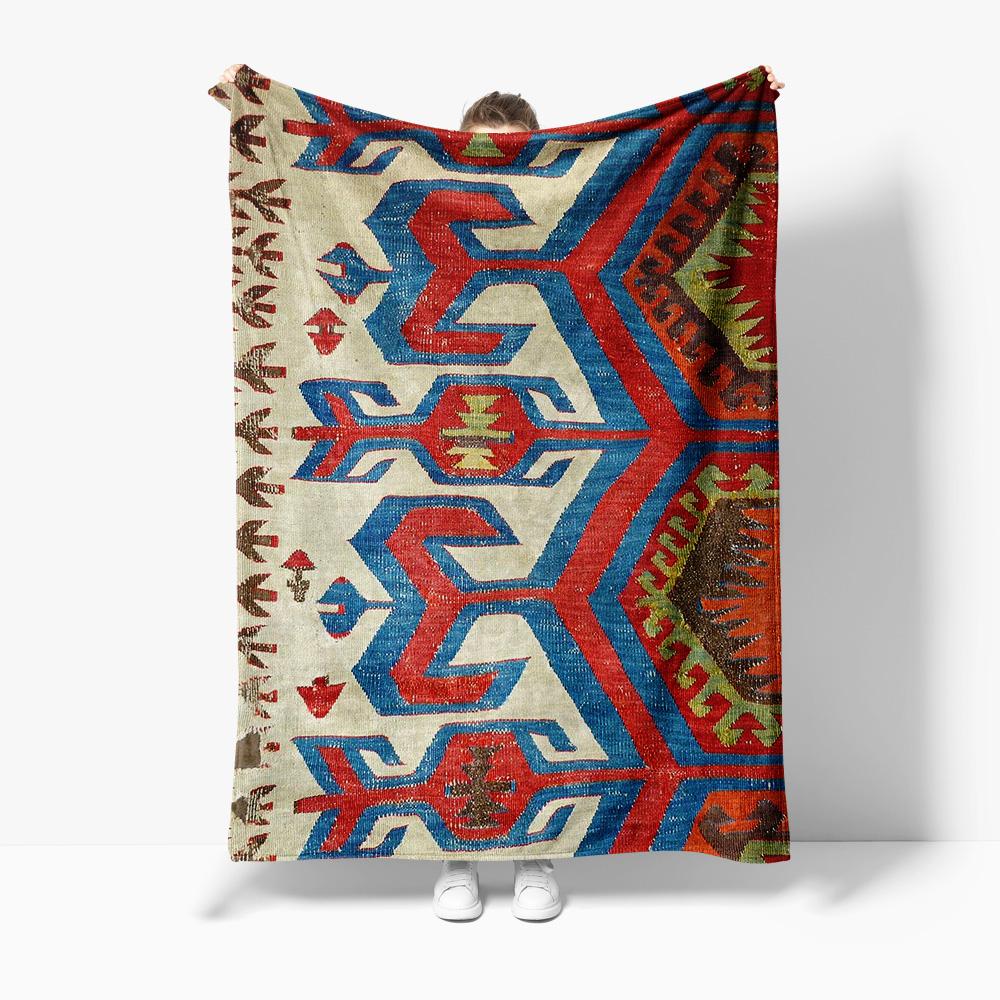 Monika Chen Unisex Vintage Turkish Kilim Rug Wool Throw Blanket Traditional Geometric Pattern Handwoven Small Throw Blanket