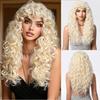 Perruque Longue Bouclée Mode Femme, Boucles en Laine Blond Platine Frange Aérée Cheveux Synthétiques Fibre Haute Température