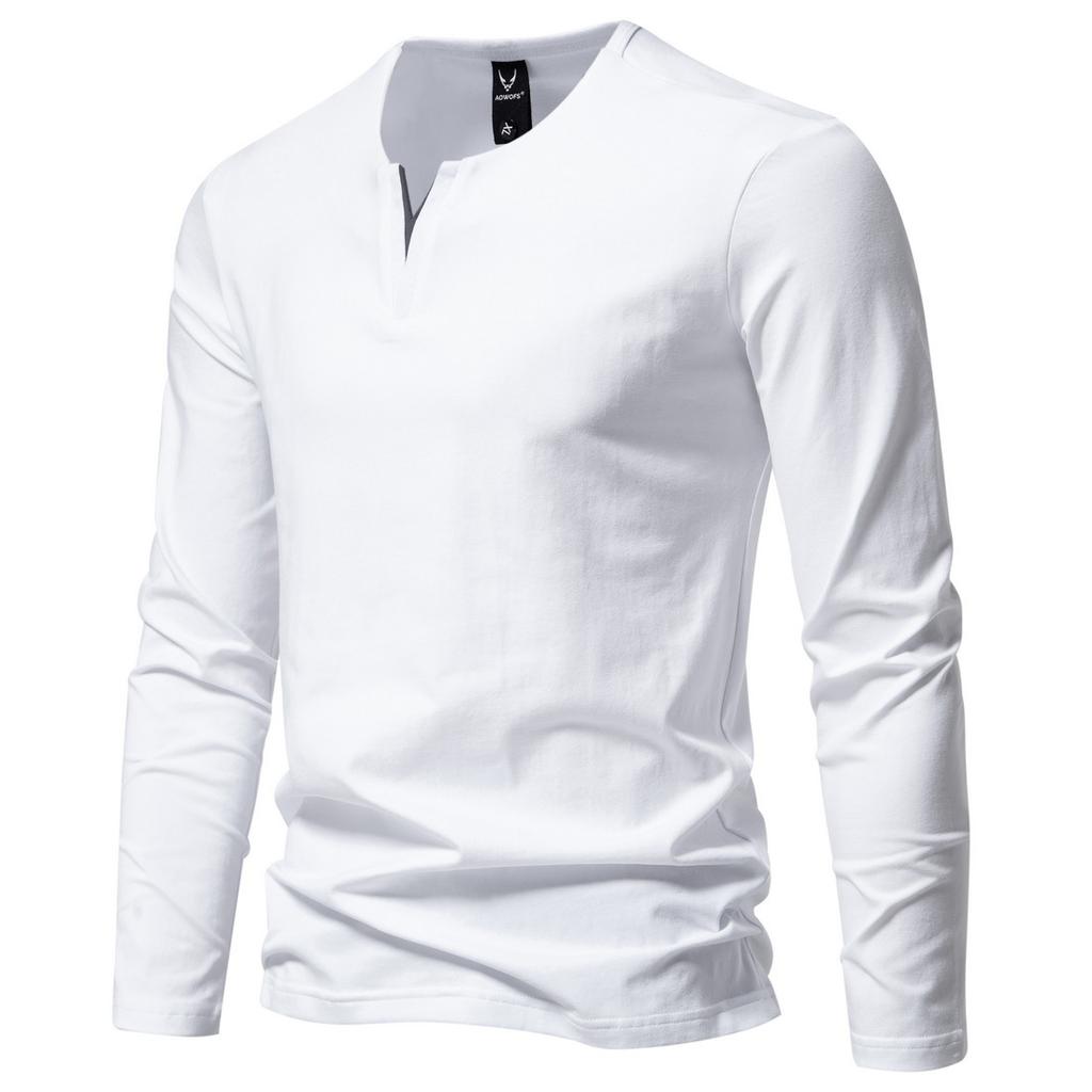 Cotton Men's Fashion V-neck Long-sleeved T-shirt Casual Solid Color Bottoming Shirt