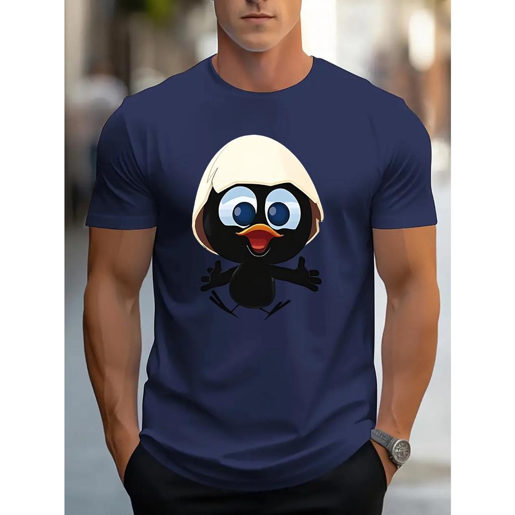 Men's Summer 100 Cotton Fashionable Casual Sports Loose and Interesting Cartoon Penguin Pattern Printed Round Neck Short Sleeved T-shirt