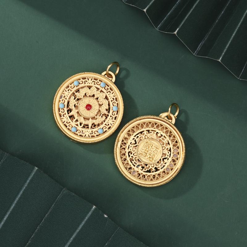 Ancient Gold Eight Treasures Compass Pendant Necklace - Five Blessings, DIY Beaded Style Accessory