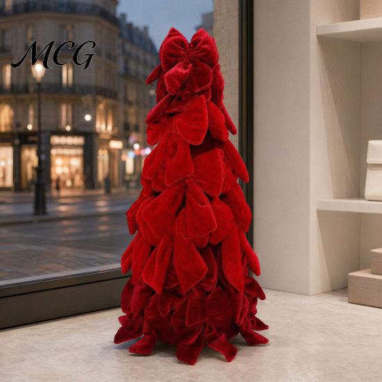 Dining Table Christmas Centerpiece Velvet Bow Tree Decoration, Shaped Photo-ready Decor Tabletop Ornament for Fireplace Window Holiday Stacked