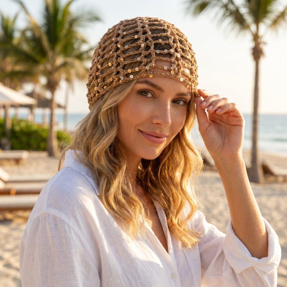 Solid Color Hollowed Out Knitted Hat Thin Bohemian Style Beanies Crochet Sequined Hat Pullover Hat