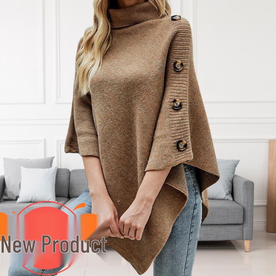 Evropský a americký pletený kardigan s vysokým límcem, jednobarevný šál, pončo s rozparky pro ženy