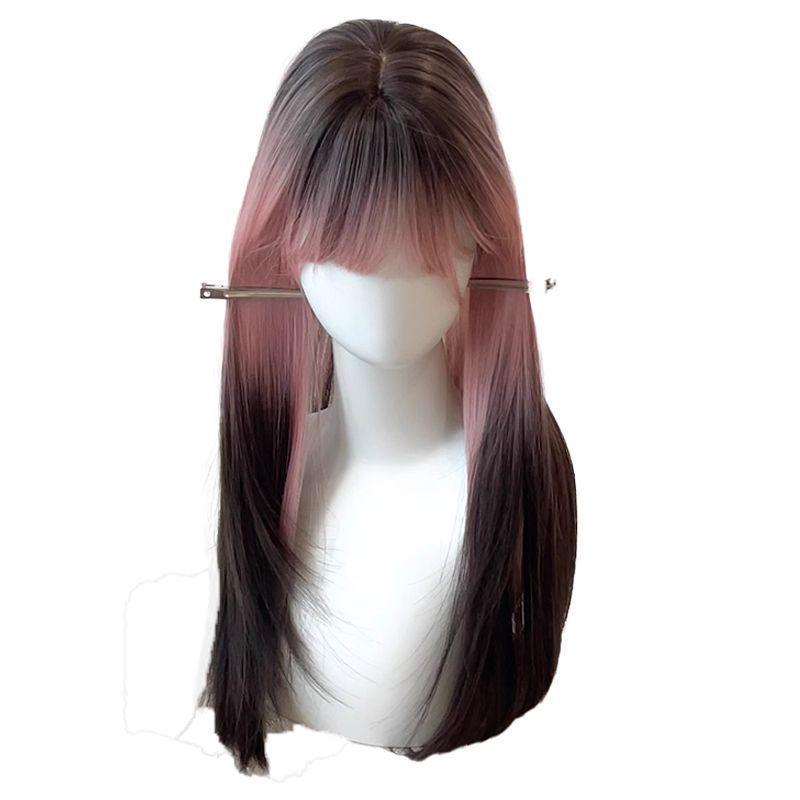 Women's Long Straight Gradient Wig – Black to Pink Highlights, Full Head Cover, Natural Look, Daily Wear
