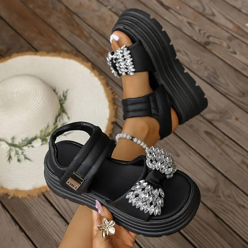 

Fashion Bowtie Shiny Crystal Decor Flat Sandals Women Summer Thick Sole Chunky Platform Sandals Woman s Comfort Non Slip Beach Sandals 35 чёрный