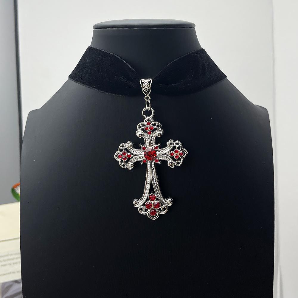 Gothic Velvet Choker with Floral Pattern and Colorful Cross Pendant