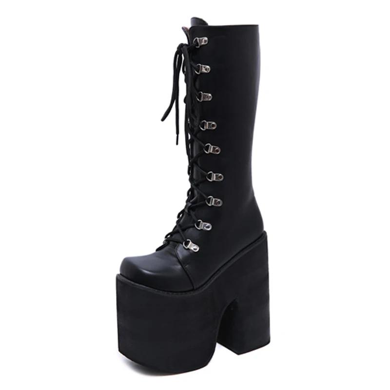 Fashion Women's Y2K Side Zipper Platform Boots Knee High Motorcycle Boots Black Closed Toe Lace Up Long Boots