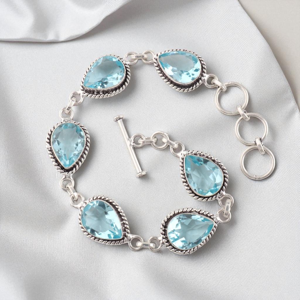 Himmelblauer Topas Edelstein 925 Sterlingsilber Schmuck Handgefertigt Damen Armband 7-9" RB-18-3