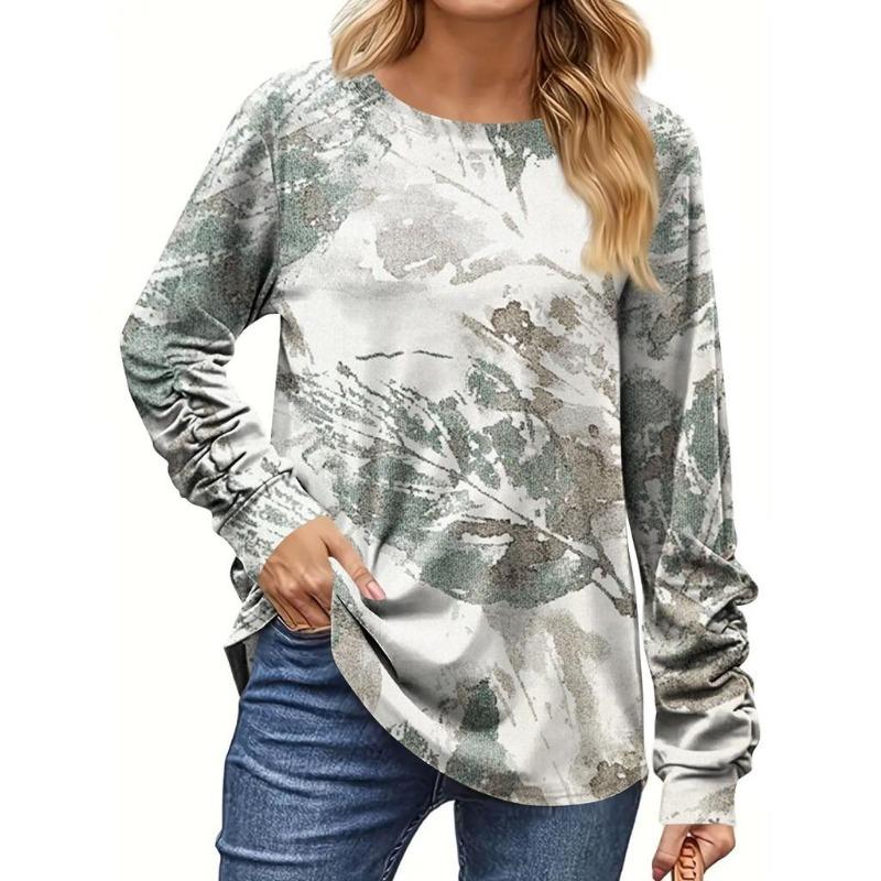 Dámské 3D tričko s potiskem suchého listí, módní tričko s dlouhým rukávem a kulatým výstřihem, běžný top, sváteční víkend, jaro a podzim