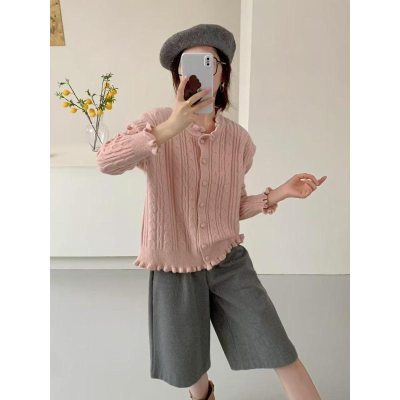 Lace round neck twist twisted knitted cardigan autumn and winter new sweet age-reducing design sweater jacket women