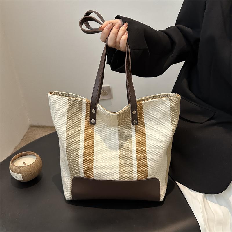 Simple Vertical Stripe Large-capacity Handbag Women's Korean Version New Casual Fashion Niche Versatile Lightweight Shoulder Bag