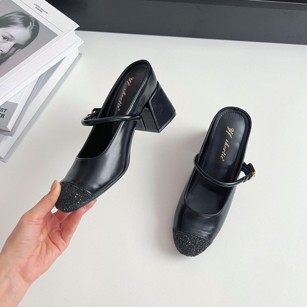 Inner height-increasing women's shoes sequined round head with slippers women's 2025 spring new temperament thick heel Mary Jane sandals