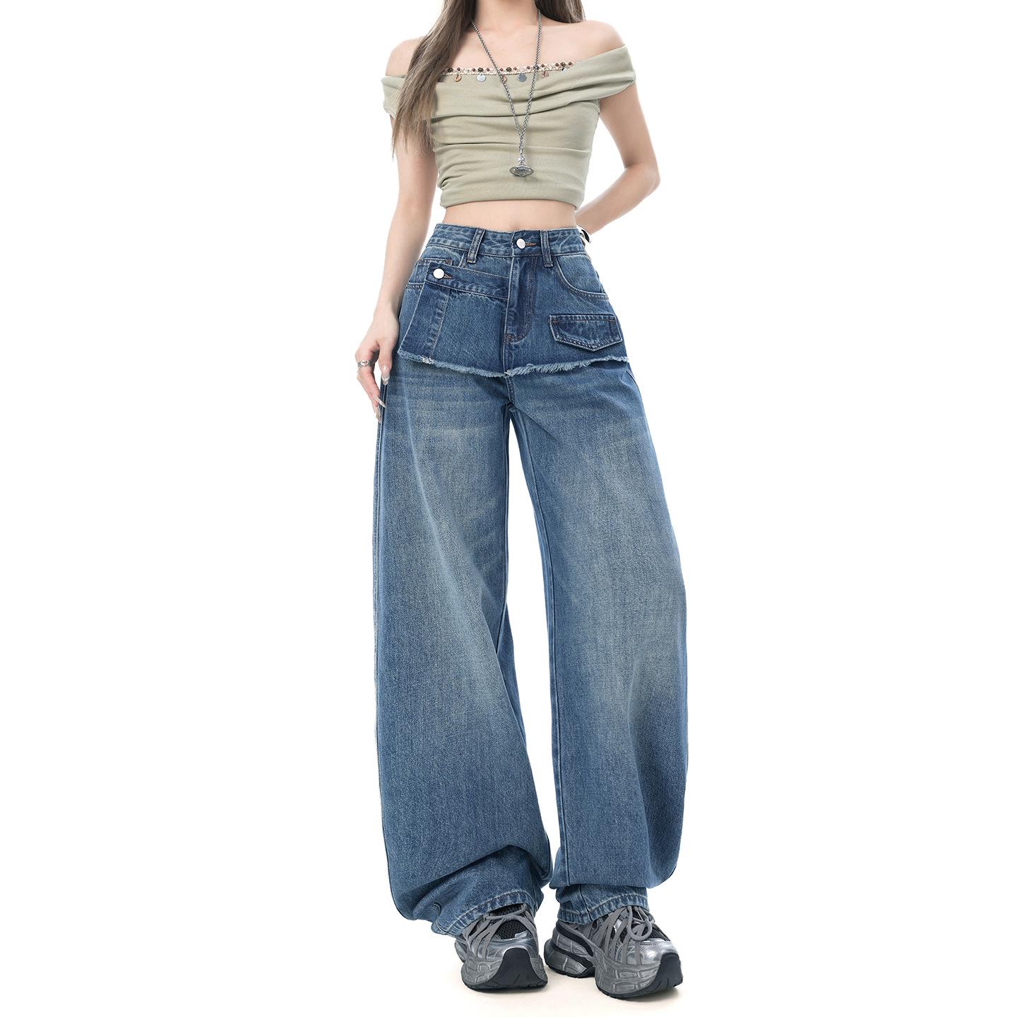 

Americana Retro High-Waisted Wide-Leg Jeans with Front Patch Pockets and Loose Straight Floor-Length Fit for Women M