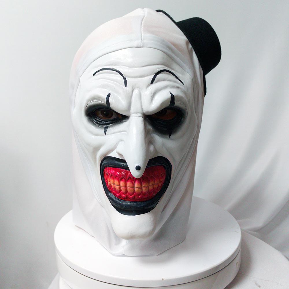 Horror clown mask for Halloween, scary masquerade mask with hat, white horror clown headgear