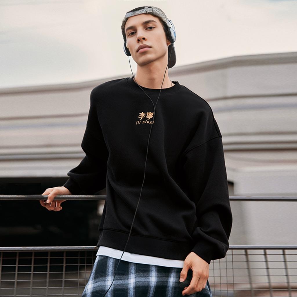 Li Ning Sports Lifestyle Series Fleece Pullover Round Neck Back Pattern Printed Long Sleeve Early Autumn Sweatshirt Unisex Sweatshirt Black AWDU925-3