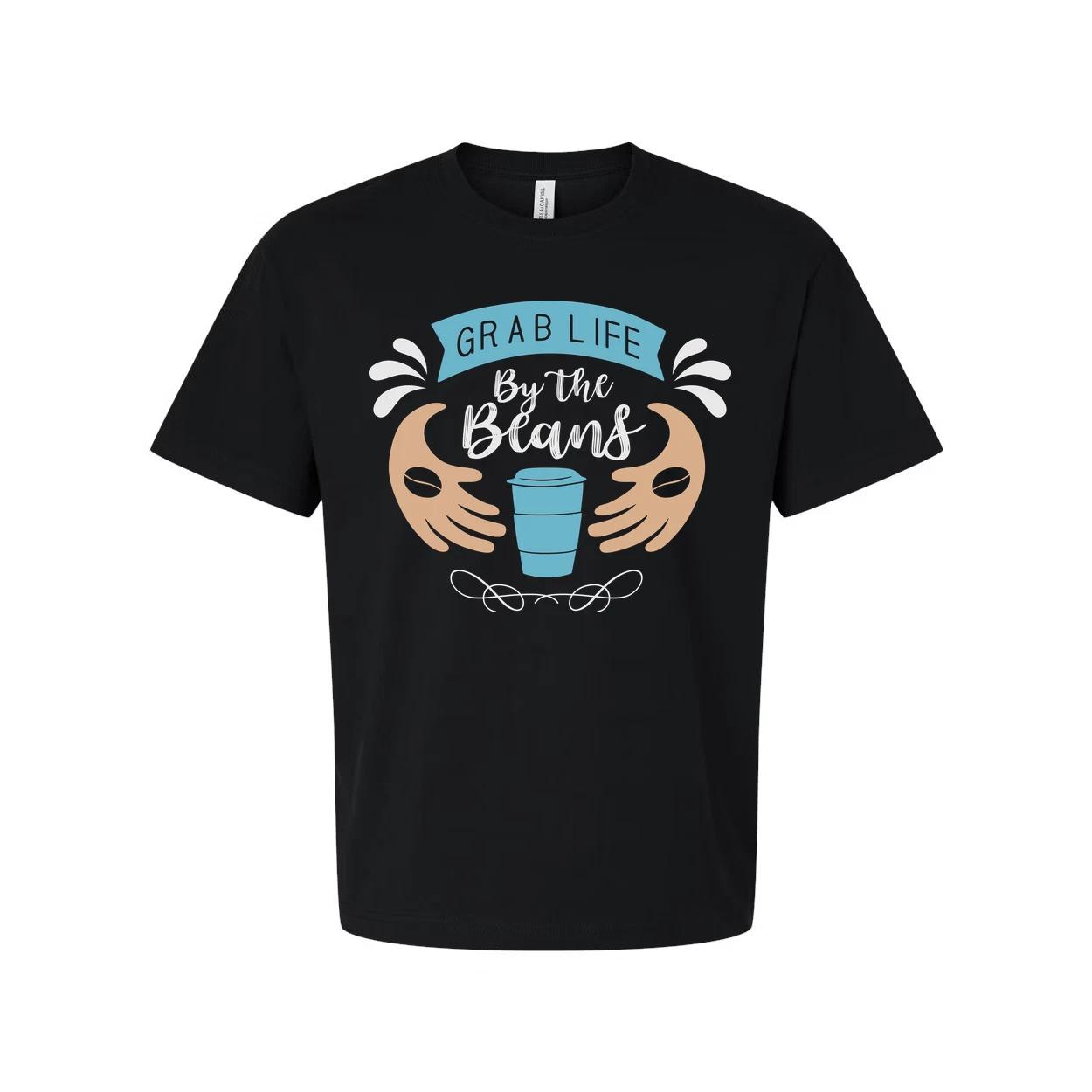 

Unisex Coffee Theme Tee Featuring Grab Life By The Beans Illustration With Cup M 2XL
