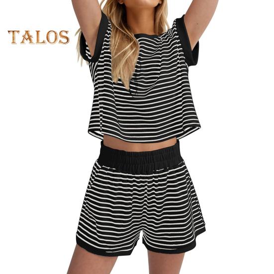 

Женский комплект из 2 предметов для отдыха, полосатая рубашка с коротким рукавом и шорты, летний повседневный ребристый спортивный костюм, подходящий комплект M