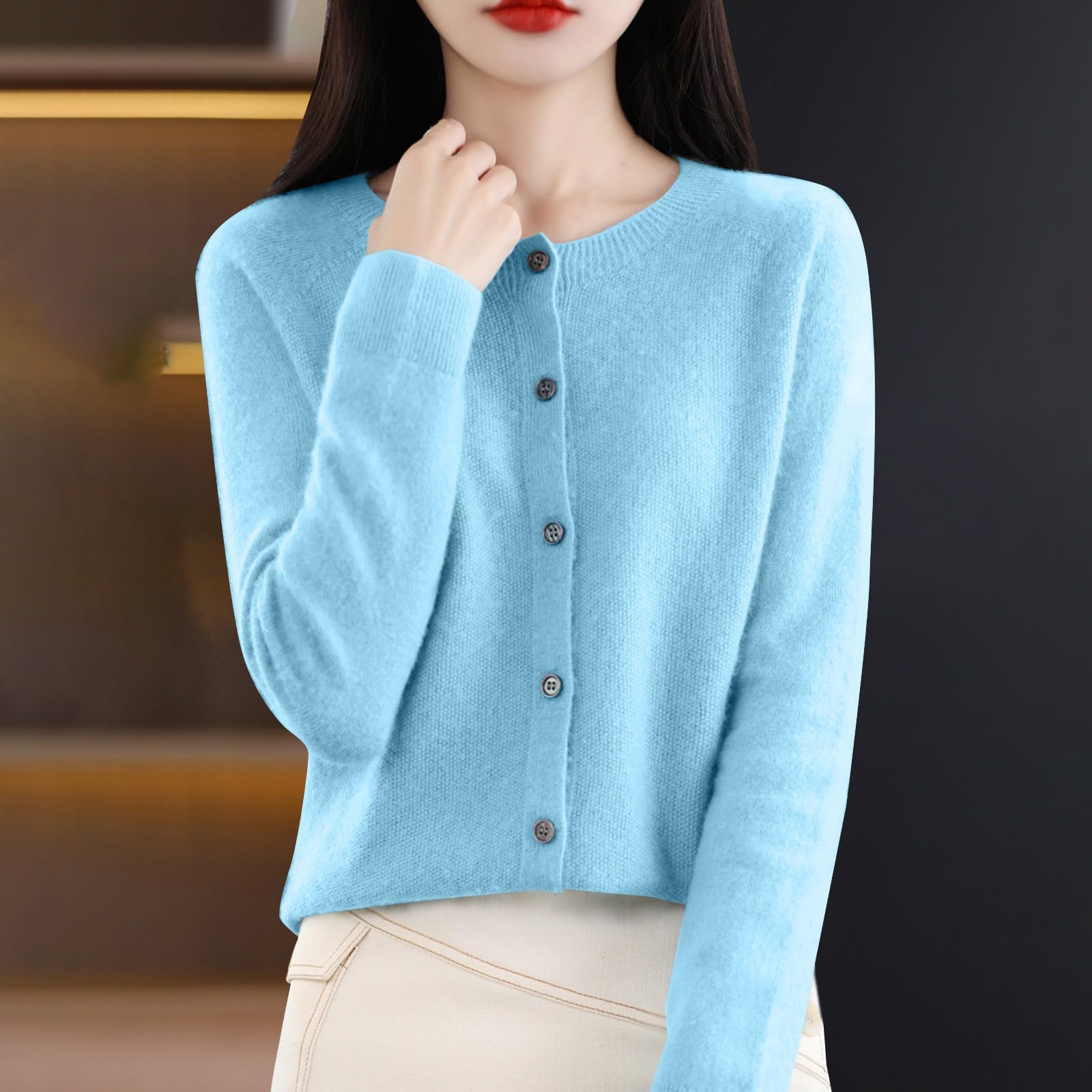 

Women s Fashion Solid-Color Fall/Winter Neck Cardigan Knit Sweater Loose-Fit Versatile Long-Sleeve Base Layer Sweater M