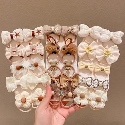 10pcs/set Sweet Cartoon Elastic Hair Band for Kids Beige Coffee Color Cute Bear Bow Hair Tie Toddler Girl Hair Accessories