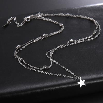 KKjoy Star Pendant Necklace for Women Silver Color Stainless Steel Beads Double Chain Collars Minimalist Jewelry Accessories New