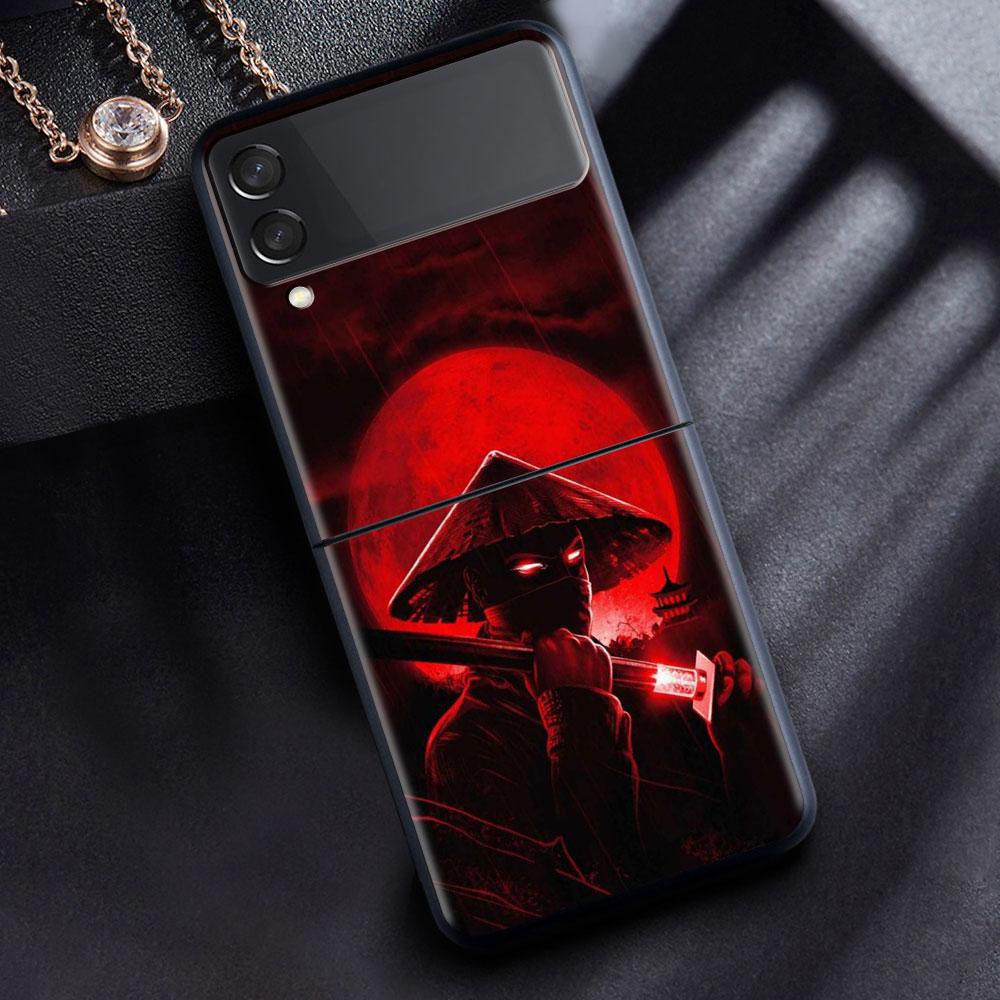 Case For Samsung Galaxy Z Flip 3 4 5G Black Hard PC Phone Housing Z Flip4 Segmented Cover Landscape Ink Painting Japan Samurai
