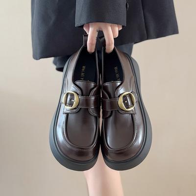 Modische Einzelne Schuhe Herbst Neu Runde Zehenpartie Tiefer Ausschnitt Metallschnalle Plateau Rutschfest Loafer