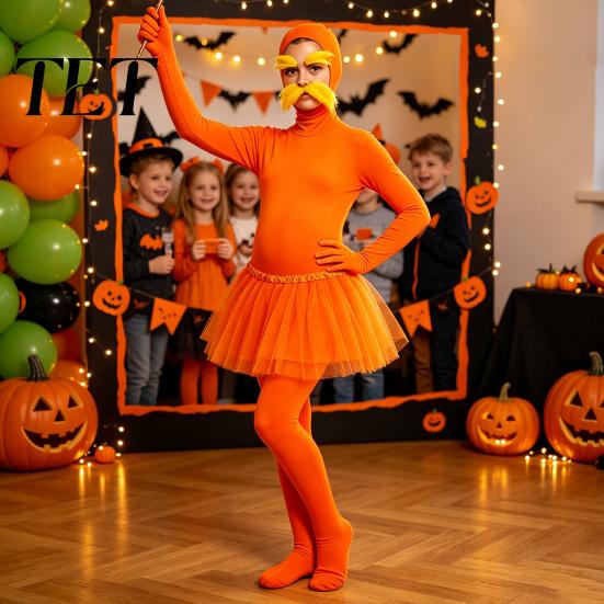 Unisex Zentai Suit Orange Full Bodysuit, with Tulle Skirt, Fake Belly, Yellow Mustache & Eyebrows, Solid Color Costume Open Face Suit, Halloween