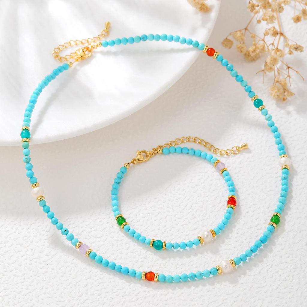 Brățară Colier din Piatră Naturală și Perle de Apă Dulce - Bijuterii cu Turcoaz Albastru și Agat Roșu pentru Femei