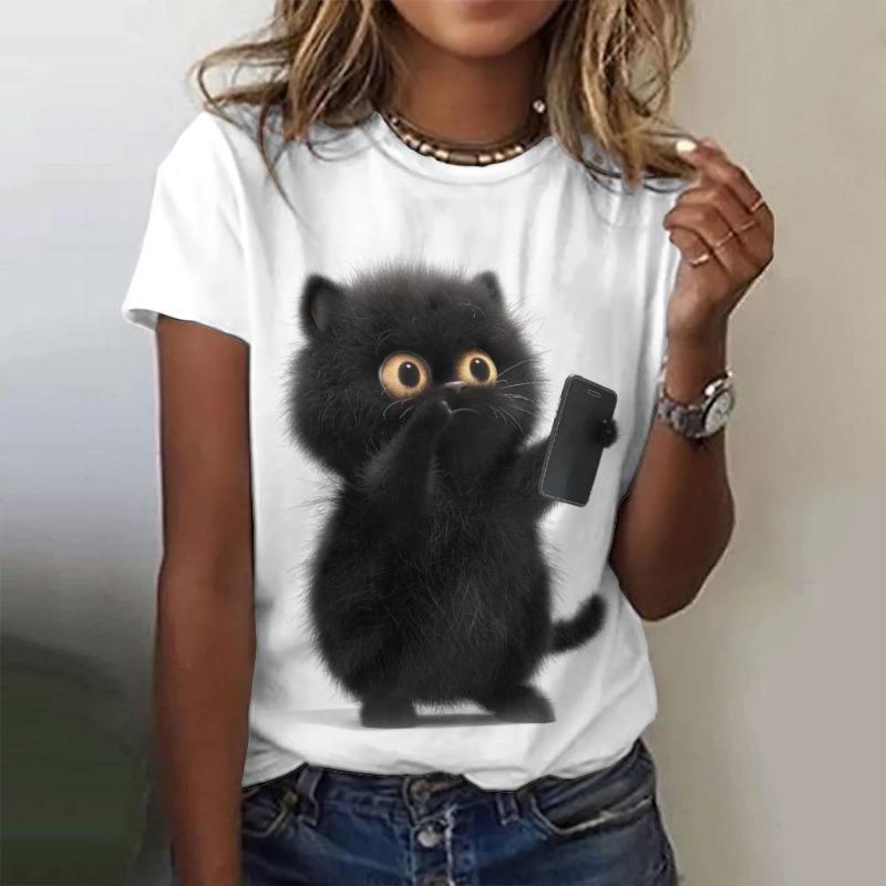 Summer Street Women's Casual T-Shirt Paired With 3d Printed Small Black Cat Pattern Top Casual Round Neck Short Sleeved T-Shirt