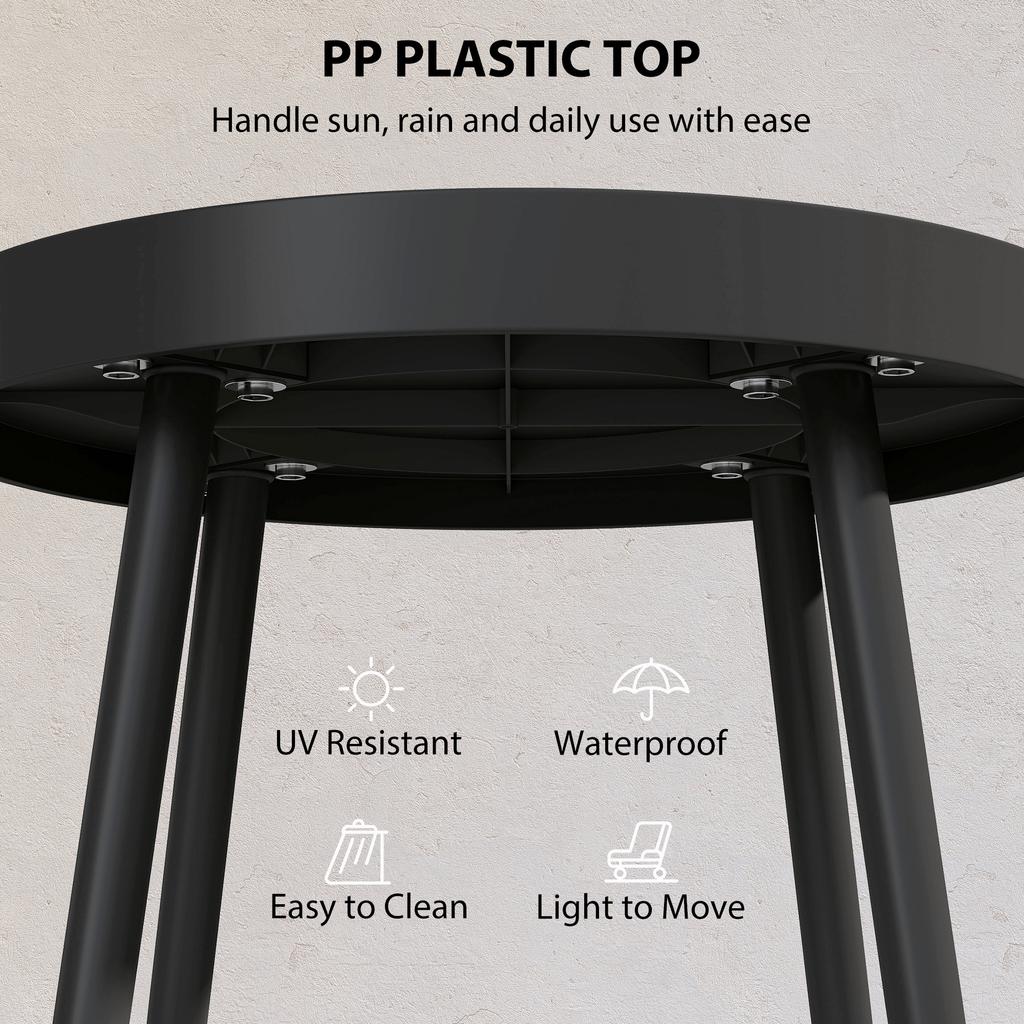 49.5 Cm Round Garden Table, Small Outdoor Coffee Side Table with Plastic Tray-Style Top, Metal Legs, Black